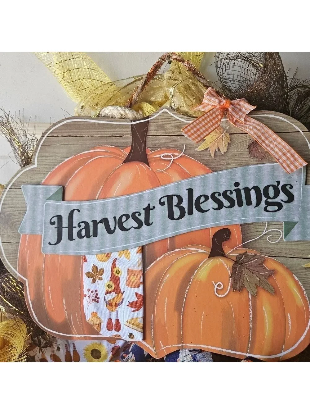 Hand Crafted handmade holiday wreath Harvest Blessings Gnome fabric plaid ribbon
